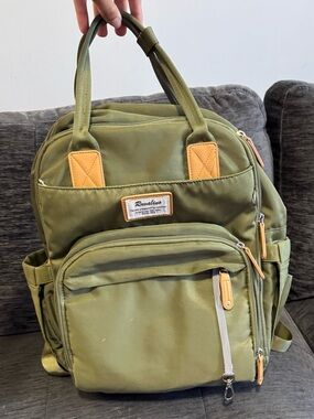 Olive Green Diaper Backpack With Tan Accents